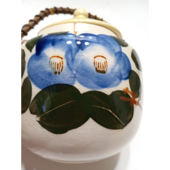 Vintage Stoneware Tea Pot Bamboo Handle Japan Blue Flowers Green Leaves - Picture 3 of 11